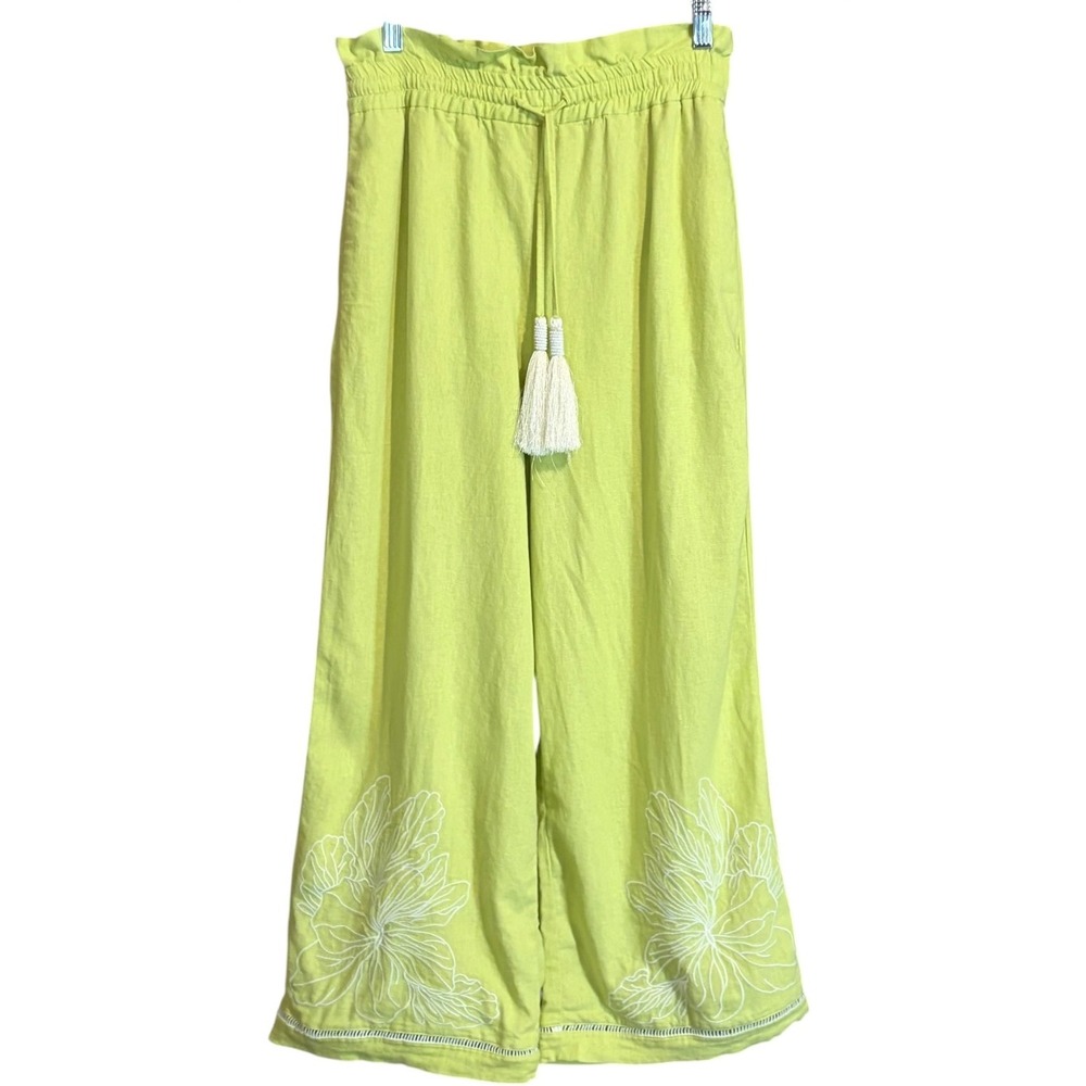 House of Harlow 1960 Linen Blend Wide Leg Pants Lime Green Floral Embroidered